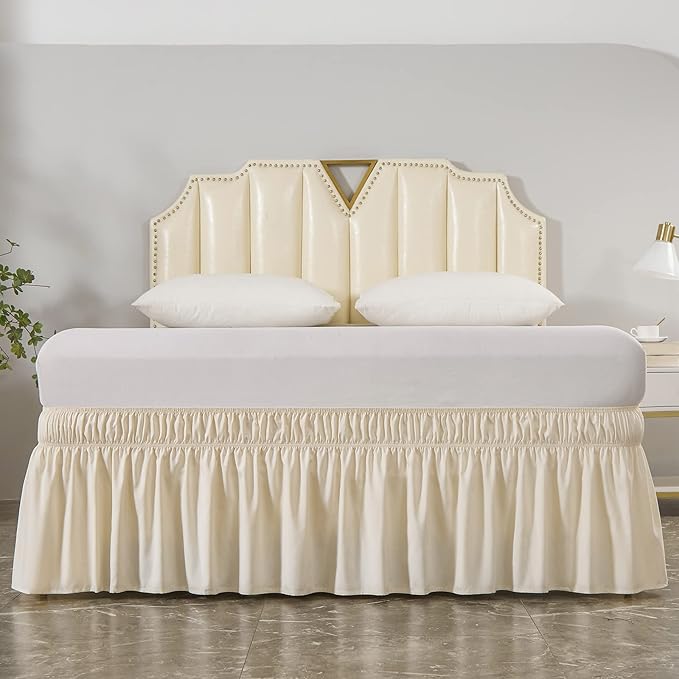 MEILA Wrap Around Bed Skirt Three Fabric Sides Elastic Dust Ruffled 16 Inch Tailored Drop,Easy to Install Fade Resistant-Beige, Queen/King