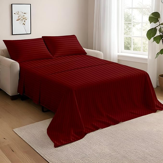 NON Sticky cotton Queen Size Sleeper Sofa Sheets, 4 Piece Egyptian Cotton Bed Sheet Set for Sofa Bed, 6" Deep Pocket Fitted Sheet for Pull Out Couch Mattress, 60" x 75", Burgundy Stripe