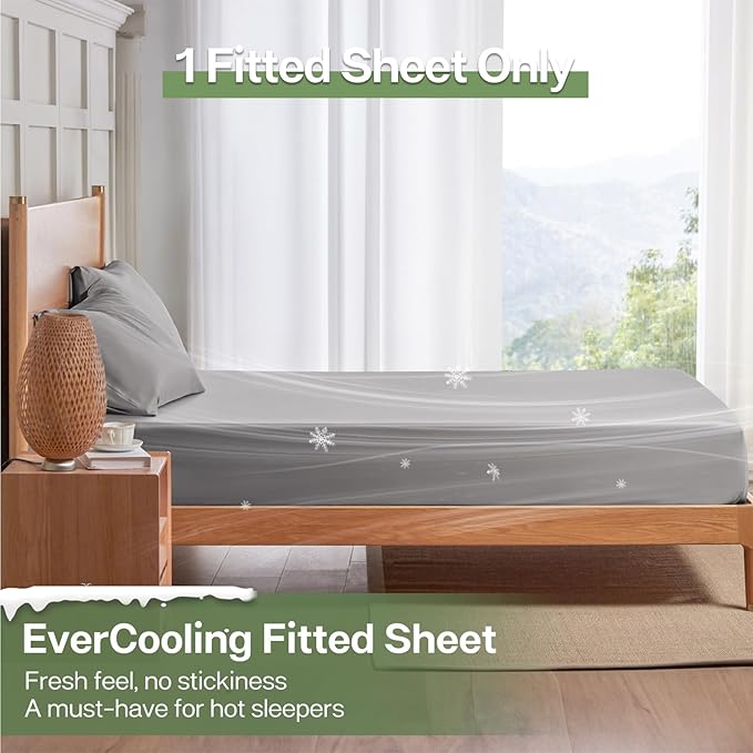 MR&HM Full Fitted Sheet Only, Ultra-Soft Rayon Derived from Bamboo & Polyester Blend, Silky & Breathable, 15" Deep Pocket with Elastic Straps, Cooling Fitted Sheet for Hot Sleepers, Silver Grey