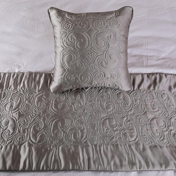 The HomeCentric Decorative Silver Twin 53 x 18 inch Bed Runner Without Pillow Cover, Satin Quilted Bed Scarf, Abstract Modern - Silver Soft