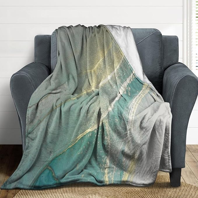 Abstract Marble Blanket, Modern Luxury Baroque Golden Lake Green Stone Veins Pattern Soft Warm Cozy Plush Flannel Covers for Livingroom Bedroom Couch Chair Camping Travel Home Decor Tapestry 30x40in