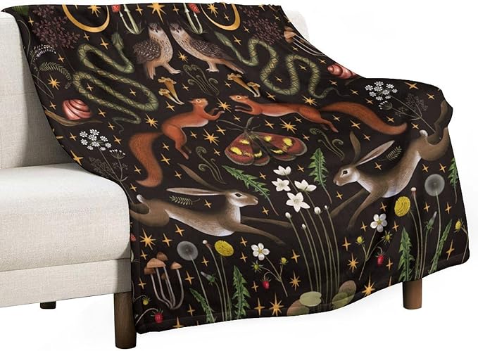 Rustic Forest Throw Blanket, Fairy Tale Forest Land Wild Animals Moths Flowers Moon Star Soft Flannal Blanket for Adult Kids Bed Couch Sofa, 50"x60"