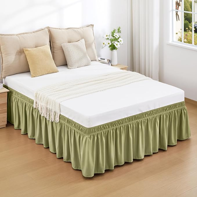 RIMELA Sage Green Bed Skirt Full Size 15 Inch Drop, Elastic Bed Skirting for Bed Base and Frame, Bedding Dust Ruffle Easy to Install, Wrap Around Adjustable Bedskirt