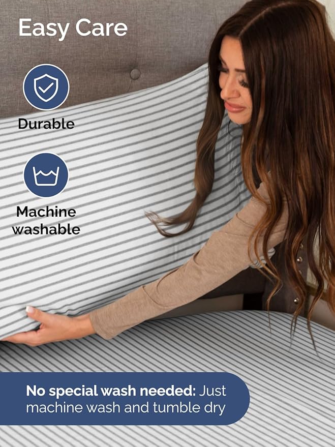 Extra Deep Pocket Cal King Sheets - 4 Piece Breathable & Cooling Bed Sheets - Hotel Luxury Bed Sheet Set - Soft, Wrinkle Free & Comfy - Easily Fits Extra Deep Mattresses - Grey Striped Sheets Set
