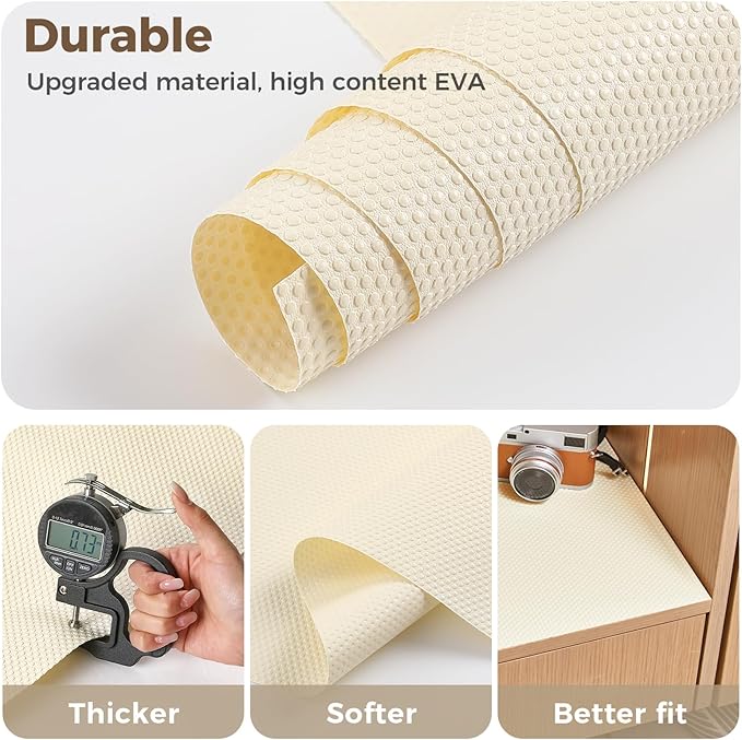 100% EVA Shelf Liner for Kitchen Cabinet, 24" x 240" Drawer Liners Non Adhesive Non Slip Waterproof Plastic Paper, Dresser Pantry Bathroom Refrigerator Protector, Cream