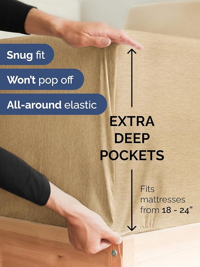 Extra Deep Queen Fitted Sheet - Hotel Luxury Single Fitted Sheet Only - Easily Fits 18 inch to 24 inch Mattress - Ultra Soft, Wrinkle Free with Extra Deep Pockets - Breathable & Comfy - Heathered Tan