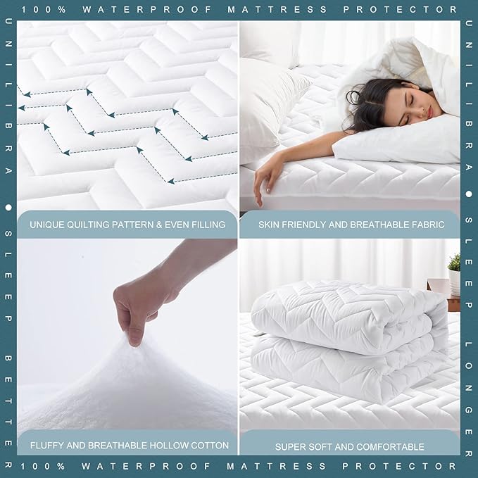 Twin XL Size Waterproof Mattress Protector Quilted, Breathable Ultra-Soft Filling Mattress Pad, Fitted Deep Pocket Mattress Cover Fits 6''-19'' Mattress White