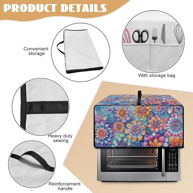 Boho Mandala Floral Print Microwave Oven Dust Cover with Storage Bags Universal Toaster Oven Cover Waterproof Polyester-Linen Fabric Kitchen Appliance Protector, M