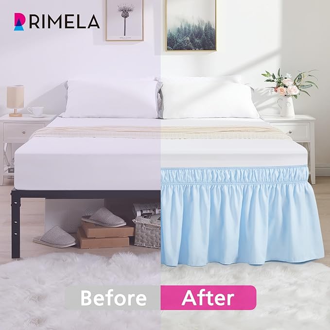 RIMELA Light Blue Bed Skirt Queen Size 15 Inch Drop, Elastic Bed Skirting for Bed Base and Frame, Bedding Dust Ruffle Easy to Install, Lightweight Wrap Around Adjustable Bedskirt