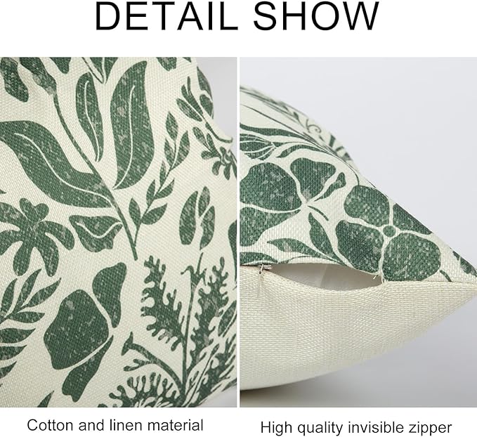 Matisse Flowers Plants Botanical Pillow Cover 18x18 Set of 2, Boho Floral Decorative Linen Pillow Cushion Case,Farmhouse Home Decor for Outdoor Couch Bedroom Car Green