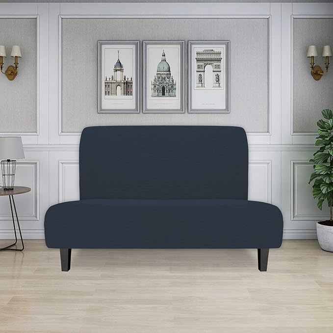 Easy-Going Stretch Futon Slipcover Armless Futon Bed Cover Furniture Protector Without Armrests with Elastic Bottom for Kids, Soft Jacquard Fabric Small Checks (Medium, Dark Blue)