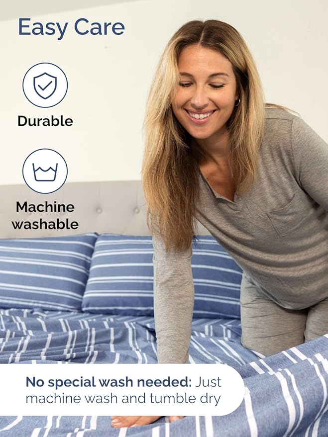 Extra Deep Pocket Queen Sheet Set - 4 Piece Breathable & Cooling Bed Sheets - Hotel Luxury Sheet Set - Ultra Soft, Wrinkle Free & Comfy - Fits Extra Deep Mattresses - Deep Pocket Blue Stripes 3 Sheets