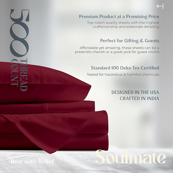 Mayfair Linen 500 Thread Count 100% Cotton Sheets King Size Bed Set - 4 PC King Bed Sheet Set (Burgundy) Soft, Cooling, Sateen 16" Deep Pocket Bedsheet for Hot Sleepers (Fits 18" Mattress)