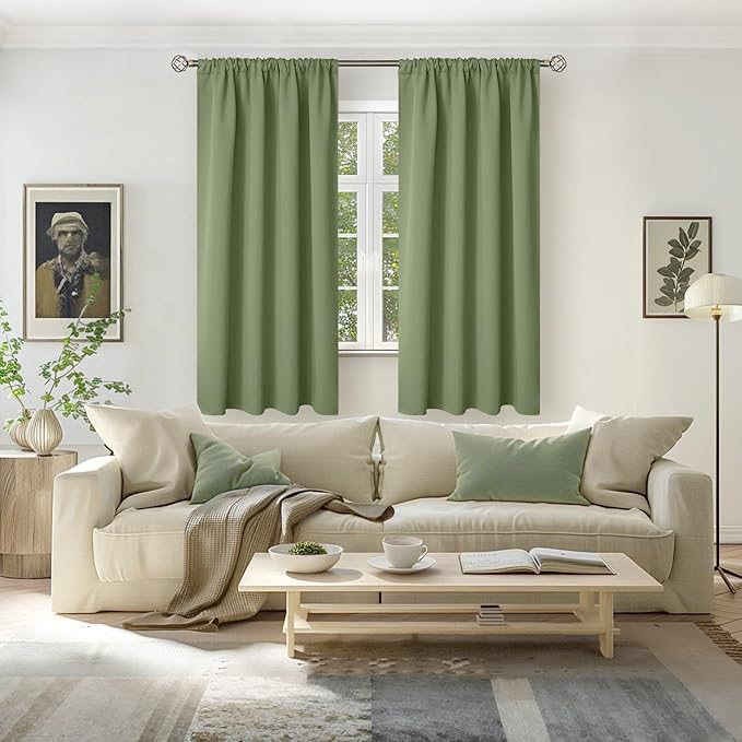 BGment Olive Green Blackout Curtains for Bedroom 63 Inches Long - Rod Pocket Thermal Insulated Room Darkening Drapes for Living Room Office Privacy, 42 x 63 Inch, 2 Panels