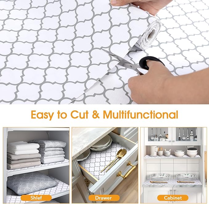 Shelf and Drawer Liner for Kitchen Cabinets Non-Adhesive, Strong Grip Non-Slip Thickened Cabinet Liners for Shelves, Waterproof Mats for Dresser Cupboard, White/Gray, 12 in x 20 Feet