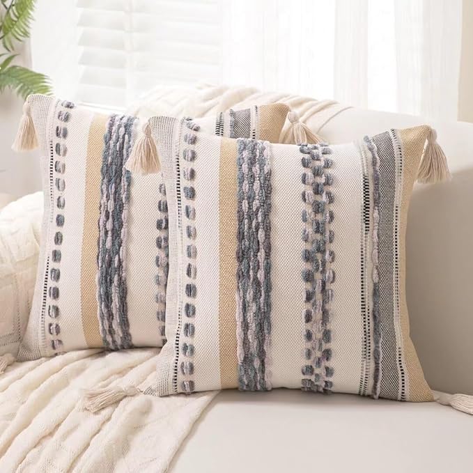 Boho Throw Pillow Covers 18x18 Set of 2 Woven Tufted Farmhouse Pillows Cover with Tassels Textured Striped Cushion Case Neutral Pillow Cases Decorative Pillowcase for Sofa Couch Bed,Grey
