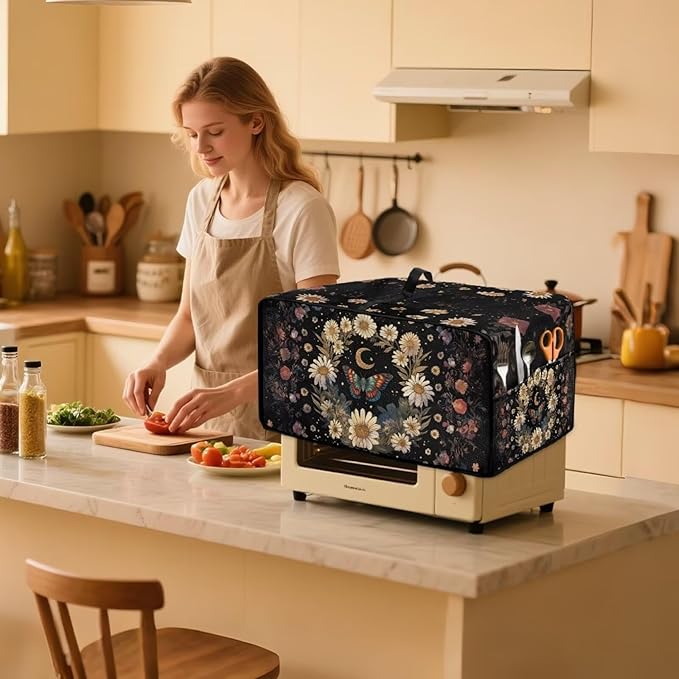 Vintage Daisy Butterfly Moon Print Toaster Oven Cover with Storage Bags Dust Cover for Microwave Oven Polyester-Linen Small Appliance Dust Covers Fits Most Microwaves, S