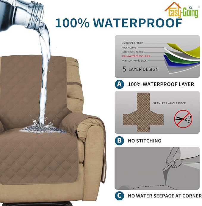 Easy-Going Sofa Slipcover Waterproof Recliner Chair Cover Non-Slip Fabric Couch Cover for Living Room Washable Furniture Protector for Pets Kids Children Dog Cat (Recliner, Camel)