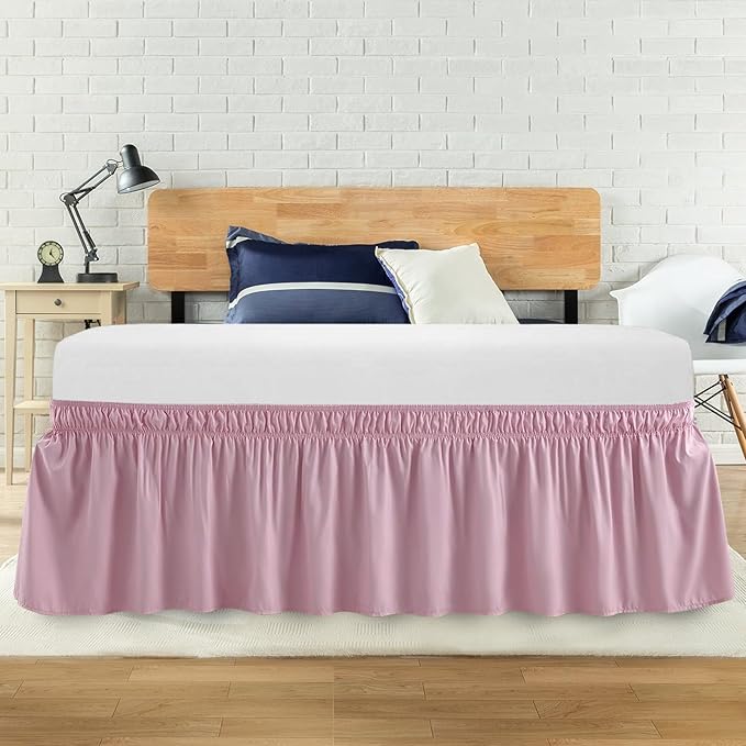 Twin Bed Skirt, Elastic Wrap Around Bed Skirt Twin Size, Bed Skirts for Adjustable Bed, Easy Fit with 14" Drop Length Tailored Drop Dust Ruffle (Pink)