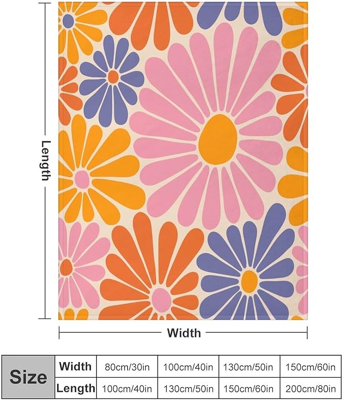1970s Hippie Floral Throw Blanket, Retro Orange Pink Blue Flower Boho Groovy Daisy Flowers Comfortable Blanket for Couch Sofa Couch Chair 50"x60"