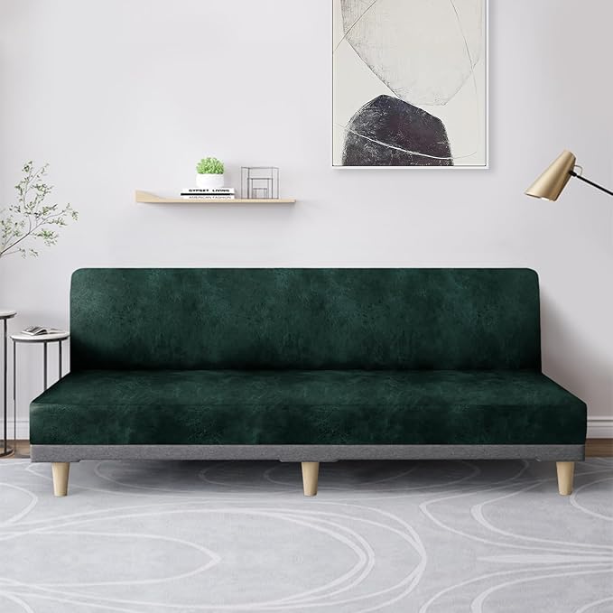 molasofa Leather Like Stretch Futon Slipcover Armless Futon Bed Sofa Cover Furniture Protector with Elastic Bottom, Soft and Washable Futon Cover for Sofa Bed Stay in Place（X Larger，Green）