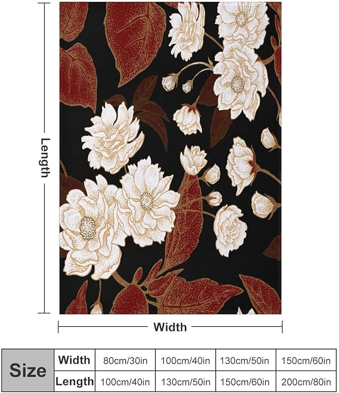 Red Gold Floral Blanket, Boho Dark Flower Leaves Chinese Plum Blossoms Botanical Vintage Throw Blanket for Bed Living Room Bedding Couch Soft Lightweight Warm Cozy Decor, 30"x40"