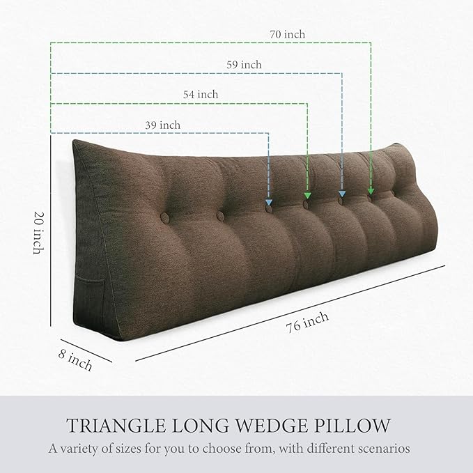 Wedge Headboard Pillow Dorm Room Reading Pillow Back Support for Sitting Up in Bed Bolster Lumbar Cushion Body Positioning Bedrest Cotton Linen 39in Coffee Twin