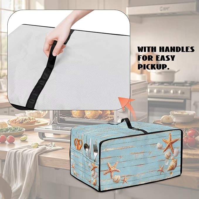Dustproof Microwave Oven Cover Polyester-Linen Fabric Dust Cover for Microwave Oven Foldable Kitchen Machine Covers with Storage Pockets, Starfish Seashell Wood Grain Print, M