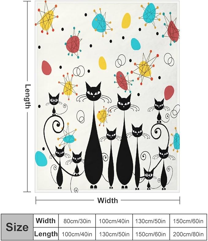 Mid Century Modern Throw Blanket, Atomic Black Cat Starbursts Iconic Sputnik Retro Abstract Geometric 1950s 1960s Throw for Adults Kids Pet, Beige Black 60"x80"