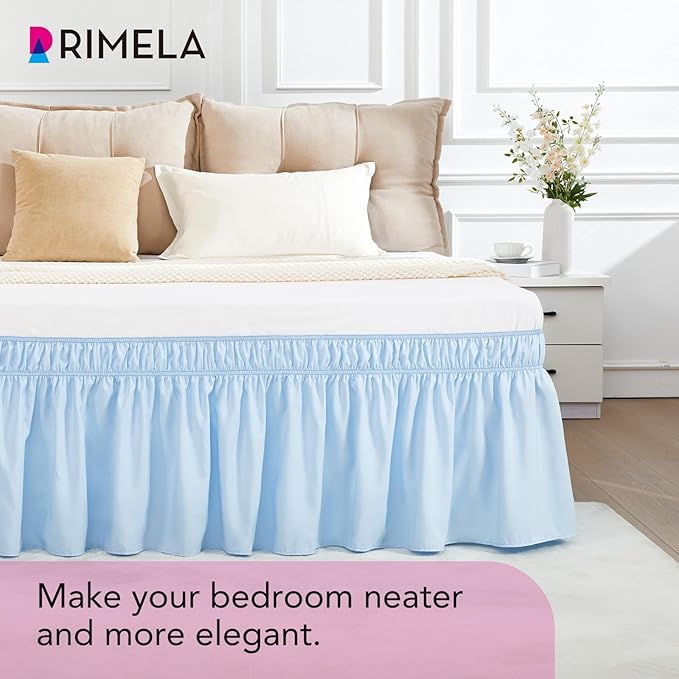RIMELA Light Blue Bed Skirt Queen Size 15 Inch Drop, Elastic Bed Skirting for Bed Base and Frame, Bedding Dust Ruffle Easy to Install, Lightweight Wrap Around Adjustable Bedskirt