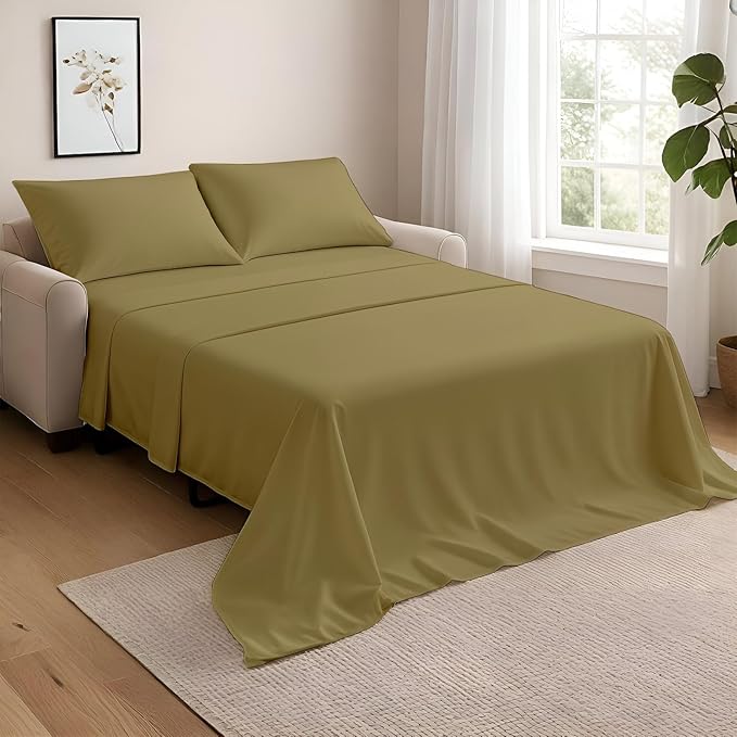 NON Sticky cotton Full Size Sleeper Sofa Sheets, 4 Piece Egyptian Cotton Bed Sheet Set for Sofa Bed, 7" Deep Pocket for Pull Out Couch Mattress, 54" x 75", Taupe Solid, Soft & Breathable