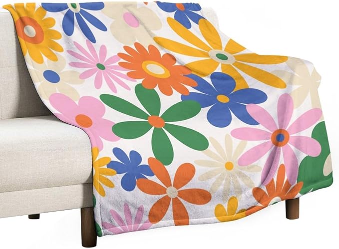 70s Retro Flower Throw Blanket, 60s Vintage Groovy Daisy Flowers Boho Hippie Bright Colorful Floral Print Blanket for Couch Chair Sofa Bed Dorm Bedroom Home 60"x80"