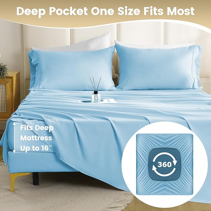Breathable Cooling Full Sheet Set - Hotel Luxury 4 Piece Deep Pocket Sheets for Full Size Bed, Fits 16" Mattress, Easy Care Wrinkle Free Bedding Sheet and Pillowcase Set, Sky Blue