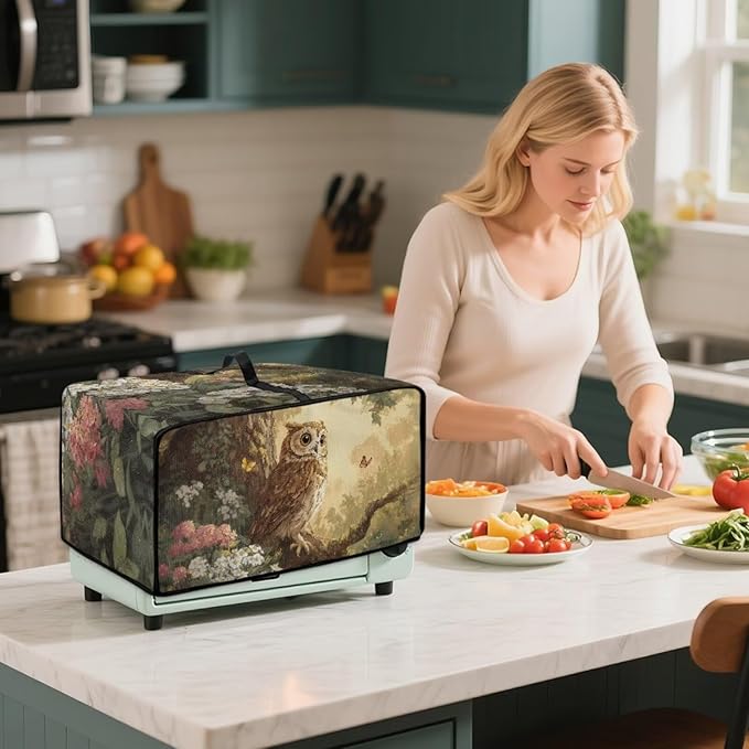 Owl Floral Tree Butterfly Print Microwave Oven Dust Cover Heavy Duty Microwave Oven Cover with Storage Pockets Foldable Dust-Proof Decor Accessories for Kitchen, M