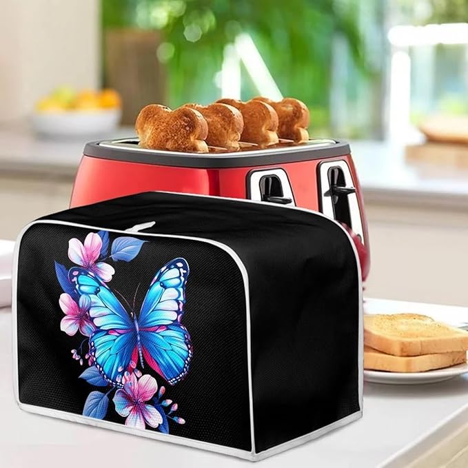 ZFRXIGN Blue Butterfly Toaster Cover 4 Slice Wide Slot Small Appliance Covers Machine Washable Kitchen Decor Accessories Toaster Oven Cover Flower Butterfly Toaster Covers Black