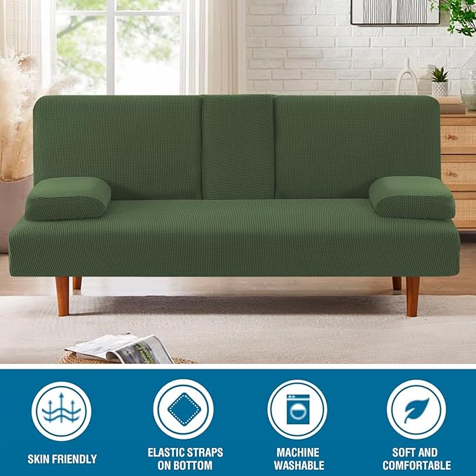 H.VERSAILTEX 4 Pieces Stretch Futon Covers Sofa Bed Slipcover with Removable Armrests and Cupholders Covers Furniture Protector High Spandex Small Checks Jacquard Fabric, Bronze Green