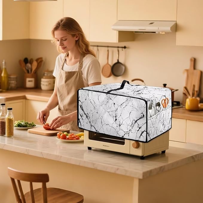 Toaster Oven Dust Cover with Pockets, Stain-resistant Kitchen Electrical Appliance Cover Countertop Ovens Decorations, L, 18.5 x 22.5 x 13 Inches, White Marble Black Crack