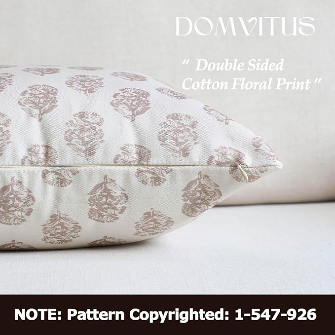 DOMVITUS Set of 2 Floral Pillow Covers 18x18, Block Print Pillow Covers Vintage Neutral Decorative Farmhouse Throw Pillow Covers for Couch Bed Living Room Light Camel