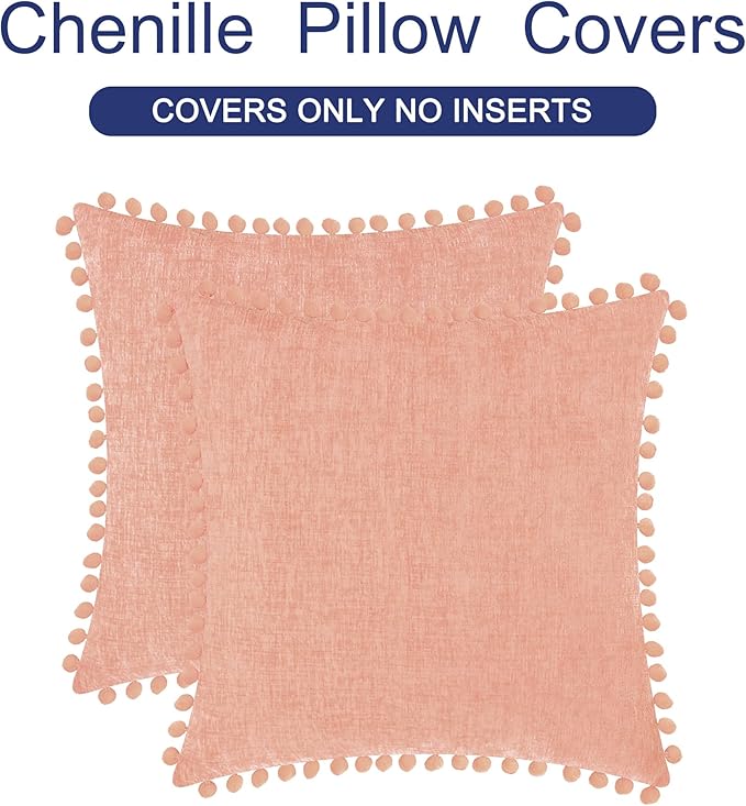 CaliTime Throw Pillow Covers Decorative 16 X 16 Inches Pack of 2 Cozy Solid Dyed Soft Chenille Cushion Cases with Pom Poms for Couch Sofa Bed Living Room Home Dusty Pink