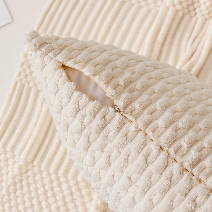 Kevin Textile 12x24 Inch Pillow Cover 1 Pack Boho Decorative Soft Striped Corduroy Lumbar Farmhouse Solid Color Accent Rectangle Cushion Case for Living Room Couch Sofa Bed, Cream White