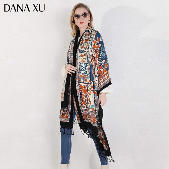 DANA XU 100% Merino Wool Pashmina Shawl for Women 96"x43", Oversized Cashmere Wrap with Tassels, Floral Travel Blanket Cape