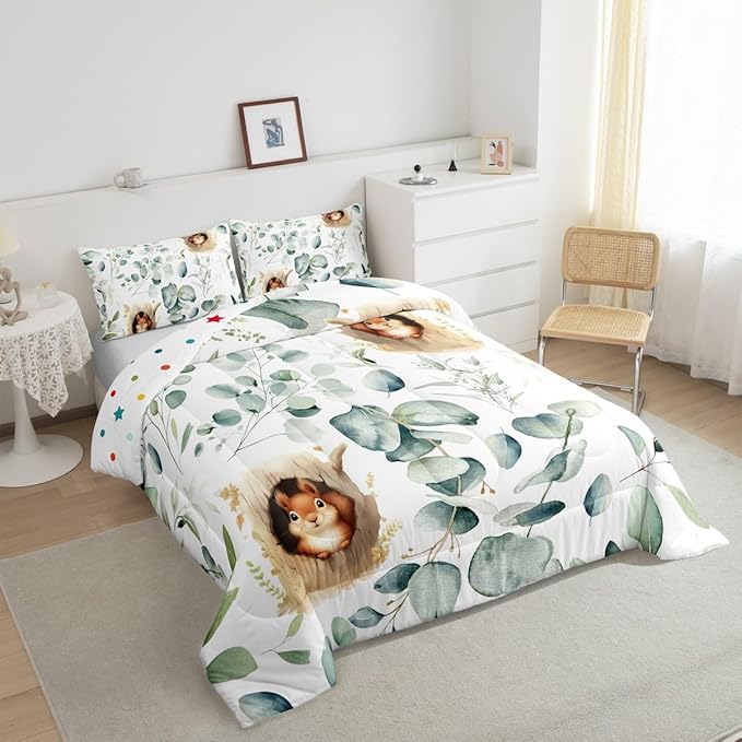 Erosebridal Kawaii Squirrel Full Comforter Set for Boys Girls Cartoon Animal Bedding Set Full, Eucalyptus Leaves Bedding Comforter Sets Jungle Wildlife Duvet Set, Tropical Plants Quilted Comforter