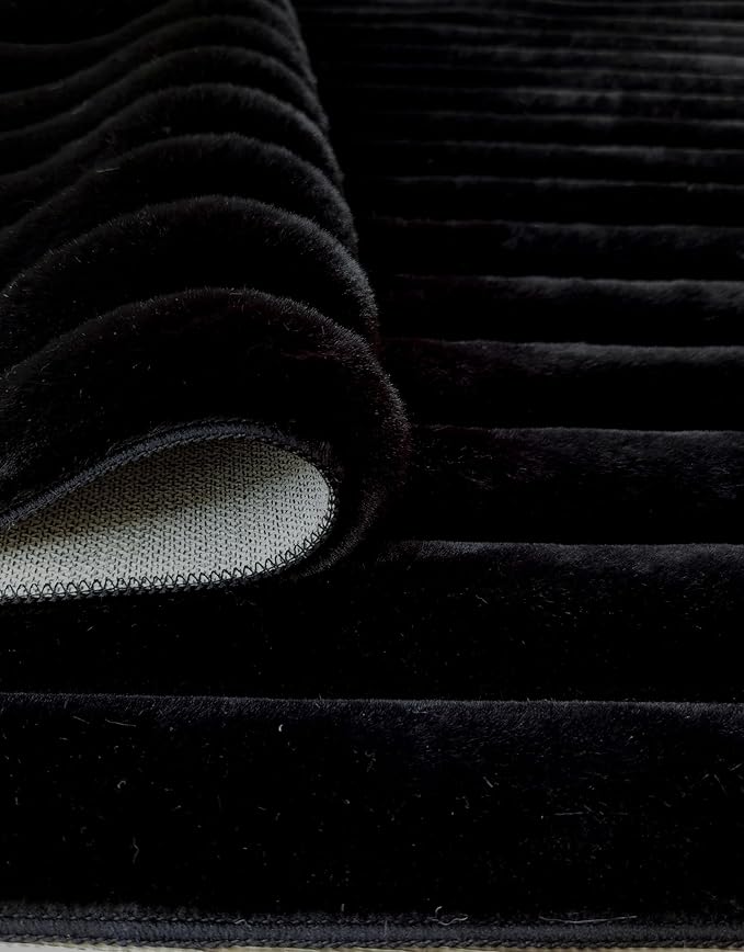 GLORY RUGS Area Rugs Striped Soft Faux Rabbit Fur Rug 5x7 Becky Black Plush Carpet Shag Cozy Fluffy Rug Non Slip Rugs, Machine Washable Shaggy Area Rug Bedroom Living Room and Dining Room.