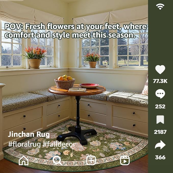 jinchan Elora Floral Corner Rug for Washable Nursery Rug Vintage Romance Christmas Design Non Slip Quarter Circle Lightweight Low-Pile Throw Carpet for Playroom Reading Office, 5ft Radius, Green