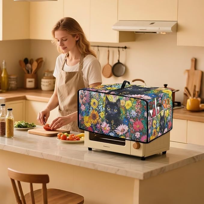 Microwave Oven Dust Cover Heavy Duty Microwave Oven Cover Waterproof Dust-Proof Kitchen Machine Covers Case Protections for Toaster Oven, Oil Painting Cat Sunflower Daisy Print, M