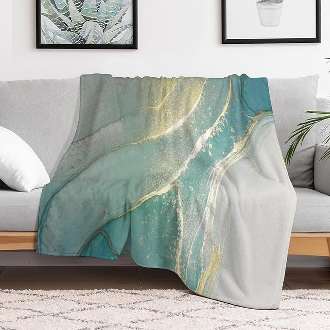 Abstract Marble Blanket, Modern Luxury Baroque Golden Lake Green Stone Veins Pattern Soft Warm Cozy Plush Flannel Covers for Livingroom Bedroom Couch Chair Camping Travel Home Decor Tapestry 40x50in