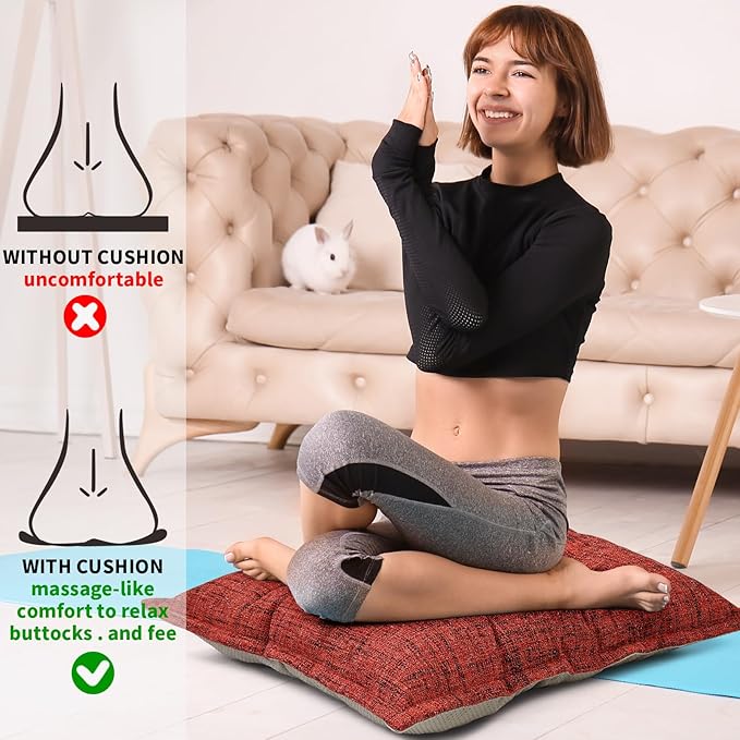 SINSOSSO Large Floor Pillows 22", Thickened Bite-Size Memory Foam Square Non-Slip Cushions for Office Back Support/Yoga/Chair Seat, Fashionable Color-Blocked Fabric & Washable, Red, 2 PCS