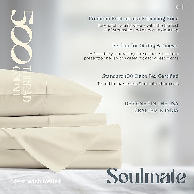 Mayfair Linen 500 Thread Count Full Cotton Sheets - 4 PC Full Size Bed Sheet Set Cotton (Sand), Soft, Cooling, Sateen Hotel-Quality 16" Deep Pocket Bedsheet for Hot Sleepers (Fits 18" Mattress)
