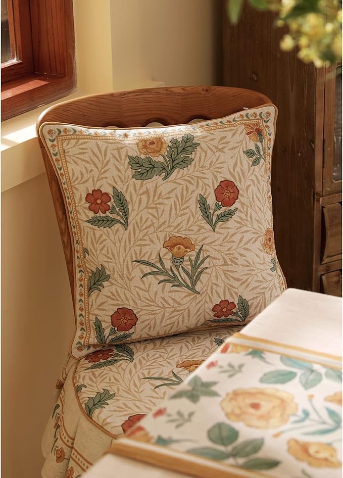 patdrea Designer Square Throw Pillow Covers for Couch 18"x18",Vintage French Linen Pillows Cover with Daisy Floral Pattern,Beige Luxury Farmhouse Decorative Cushion for Bed,Living Room,Outdoor