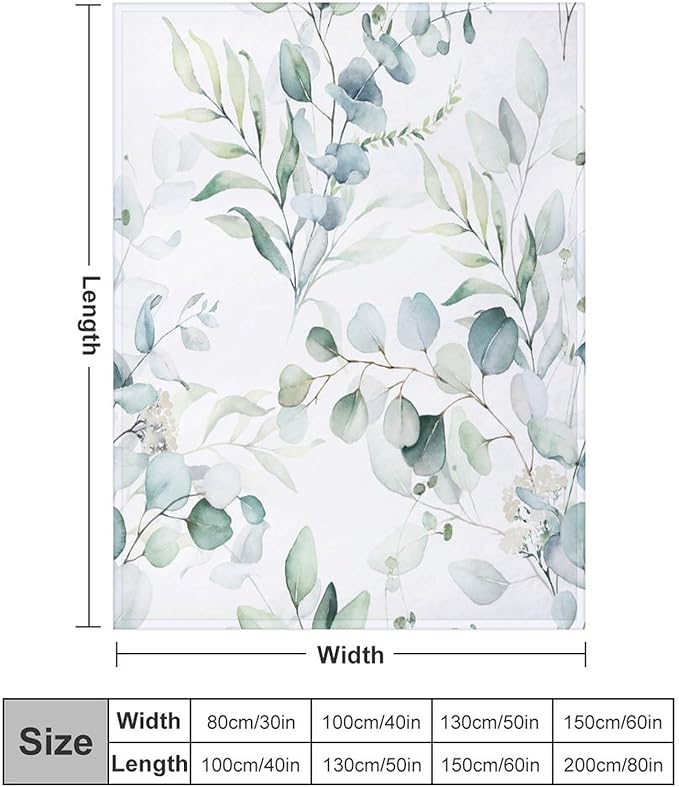 Eucalyptus Leaf Throw Blanket, Watercolor Floral Spring Botanical Green Plants Herb Print Cozy Plush Blanket for Bedroom Living Rooms Sofa Couch, 60"x80"